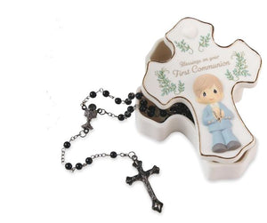 PRECIOUS MOMENTS  Blessings On Your First Communion Boy Rosary Box with Black Rosary