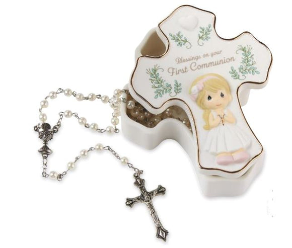 PRECIOUS MOMENTS W Blessings On Your First Communion Girl Rosary Box with White Rosary