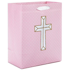 Hallmark 9.6" Pearl and Gold Cross on Pink Gift Bag